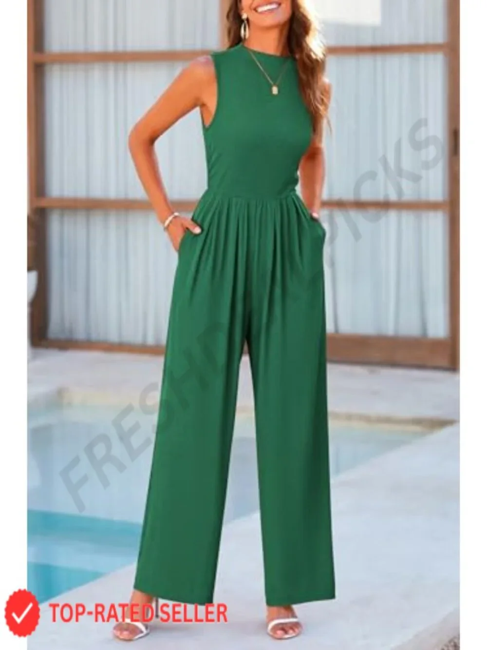 Ribbed Knit Sleeveless Mock Neck Wide Leg Jumpsuit with Pockets and Back Zipper